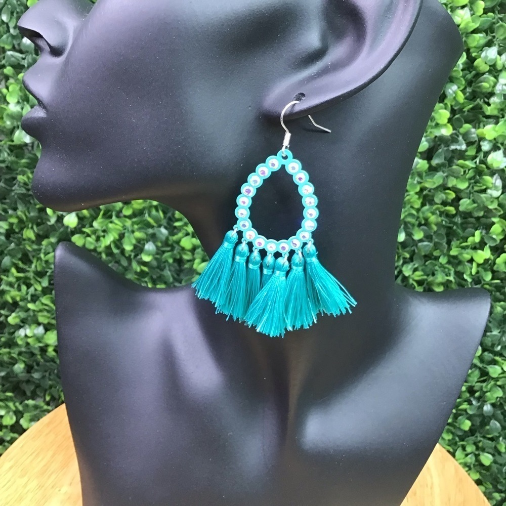 Teal rhinestone tassel earrings‎